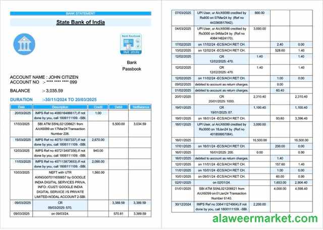 India State Bank of India bank statement Word and PDF template, 2 pages